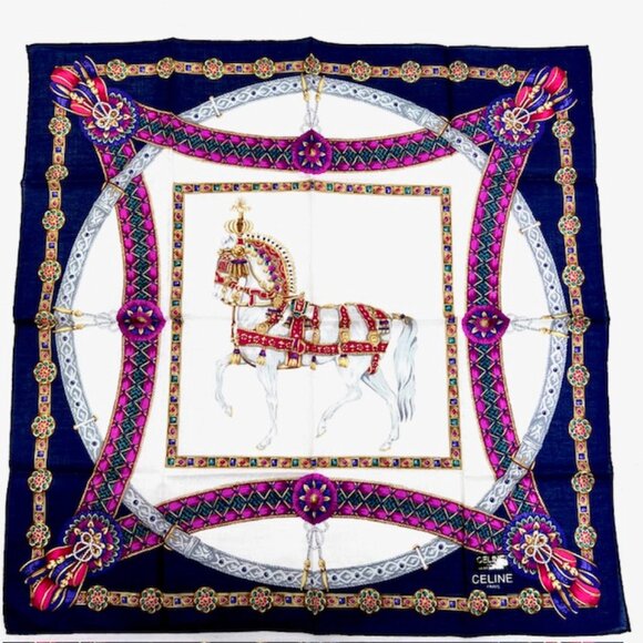 New Celine Paris Mini Scarf cotton/silk 20" beige blue horse bow logo (62) - Picture 7 of 10